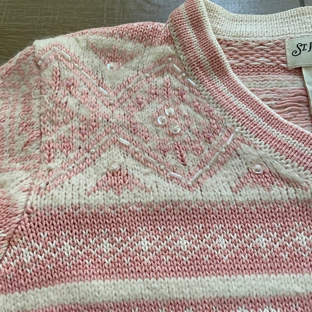 St. Johns Bay Sweater Womens Medium Petite Pink Fair Isle beaded Angora Pullover - Picture 6 of 12